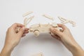 Mans hands assembling wooden car toy Royalty Free Stock Photo