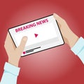 Mans hands in blue shirt holding phone with breaking news video. Red color. Vector