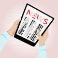 Mans hands in blue shirt holding tablet with news on screen on pink background. Vector