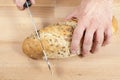 Mans hands cutting a loaf sunflower seeded bread
