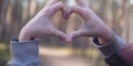 Mans hands folded into a heart symbolizing love and feelings against the backdrop of a forest landscape. Romantics Royalty Free Stock Photo