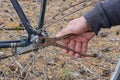 mans hands holding brown rusty iron pliers tightens the nut on a bicycle wheel Royalty Free Stock Photo