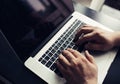 Mans hands on laptop. Business man work on computer Royalty Free Stock Photo