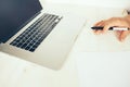 Mans hands on laptop. Business man work on computer Royalty Free Stock Photo