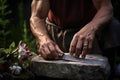 mans hands sharpening a knife on a stone in an outdoor setting