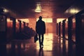 A mans silhouette moves through a vacant hallway, capturing a lonely ambiance