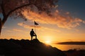 Mans silhouette, seated peacefully on a bench during a serene sunset