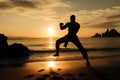 Mans striking silhouette displays kickboxing moves by the tranquil seashore