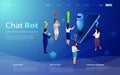 Mans and women chatting with chatbot application. Isometric artificial intelligence. AI and business IOT concept. Mans