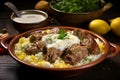 Mansaf, a traditional Jordanian dish with tender lamb, rice, and yogurt sauce