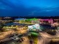 Mansfield Sutton in Ashfield Modern NHS Kings Mill hospital building lit up bright colourful night exterior aerial view drone Royalty Free Stock Photo