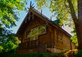 The mansion is decorated with wooden carving in the Abramtsevo estate, Moscow region, Russia