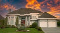 Mansion Home Dwelling Residence Large House Double Garage Front View Exterior Sunset Royalty Free Stock Photo