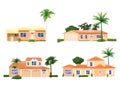 Set Mansion Residential Home Buildings, tropic trees, palms. House exterior facades front view architecture family Royalty Free Stock Photo