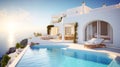 Mansion or villa with luxury pool overlooking sea at sunset. Resort hotel on mountain top, scenery of white house and terrace in