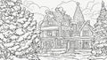 mansion in the woods black and white, coloring book page