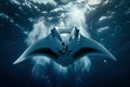 Manta ray in deep blue water of the sea. Royalty Free Stock Photo