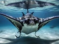 A manta ray gracefully swimming in blue waters at mid-morning