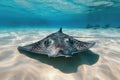 A manta ray gracefully swims through the ocean, displaying its impressive size and elegant movements, An underwater view of a