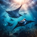 Manta Ray over tropical coral reef Royalty Free Stock Photo