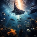 Manta Ray over tropical coral reef Royalty Free Stock Photo