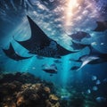 Manta Ray over tropical coral reef Royalty Free Stock Photo