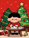 Cute child writing a Christmas letter to Santa Claus near a decorated tree Royalty Free Stock Photo