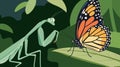 Mantis and butterfly facing off, representing predator-prey relationship. Royalty Free Stock Photo