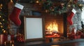 mantlepiece with frame mockup and christmas socks. ai generated Royalty Free Stock Photo