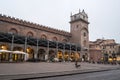 Mantua, Lombardy, Italy, December 2015: The Clock Tower of the Rotonda San Lorenzo church, located in Piazza delle Erbe