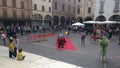 People in piazza Mantegna for a demonstration of the firefighters