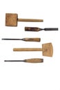Three old chisels and Two old wooden mallet. Isolated on a white background Royalty Free Stock Photo
