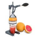 Manual citrus juicer with glass of grapefruit juice and grapefruits, 3D rendering