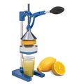 Manual citrus juicer with glass of lemon juice and lemons, 3D rendering