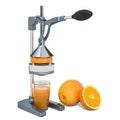 Manual citrus juicer with glass of orange juice and oranges, 3D rendering