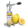 Manual citrus juicer with glass of pomelo juice and pomelo, 3D rendering