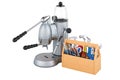 Manual citrus, pomegranate juicer with tool box. Repair and service of manual juicer, 3D rendering