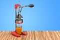 Manual citrus or pomegranate juicer on the wooden table, 3D rendering