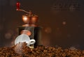 Manual coffee grinder with coffee beans and cup. Highly realistic illustration