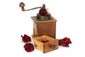 Manual coffee grinder with roses on a white background. Antiquary Royalty Free Stock Photo