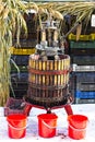 Manual grape crushing machine on with three red buckets Royalty Free Stock Photo