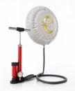 Manual hand pump inflates balloon with euro symbol. 3D illustration