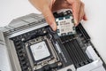 Manual installation of the AMD Ryzen 9 7950X3D processor into the motherboard. Royalty Free Stock Photo