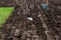 Manual iron plow, shovel and bucket in the soil, in the farmers field