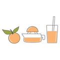 Manual juice squeezer and orange vector set illustration isolated on white background