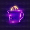 Manual juicer neon sign. Vector illustration for design. Drink preparation concept. Kitchen appliances