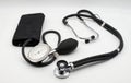 Manual medical blood pressure monitor and stethoscope. Sphygmomanometer. Health and Medical Royalty Free Stock Photo