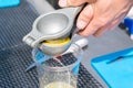 manual metal juicer lemon in a plastic Cup