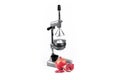 Manual metal juicer press with pomegranate on white background