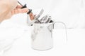 Manual milk frother Coffee and foam drink making equipment on table white background Royalty Free Stock Photo